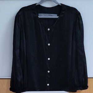 Raquel Allegra Satin-Like Poet Blouse with Frayed Cuff Detail EUC